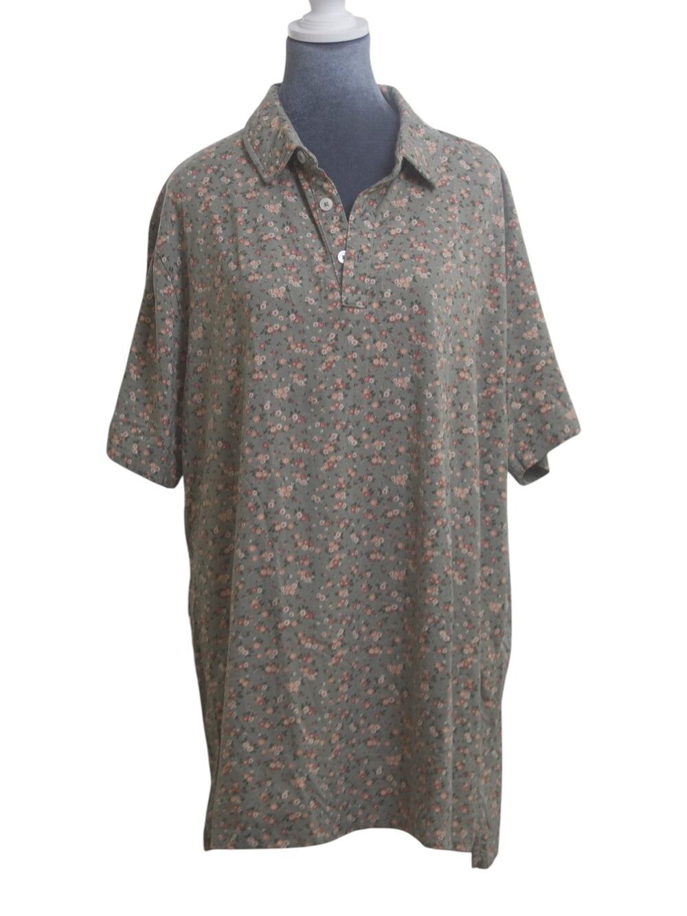 Goodfellow & Co XL Moss Green Floral Longline Polo Shirt Short Sleeve Lagenlook
